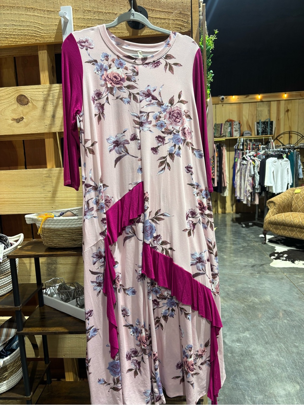 Celeste Pink Floral Midi Dress with Magenta Ruffle Accents